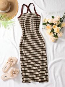 1pc Girls' Fashion Sexy Spaghetti Strap Long Wavy Striped Knit Backless Dress, Casual Summer Wear - Apricot - View 7