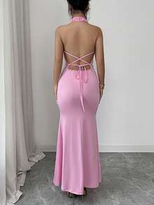 Modelyn Faux Pearl Decor Halter Neck Ruffle Back Tie Dress, Pink - Purple - View 3