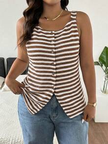 Lounesse 大码女式条纹印花纽扣前开襟无袖衬衫，时尚休闲上衣，适合春夏穿着，百搭日常服饰 - 卡其色 - 查看 4