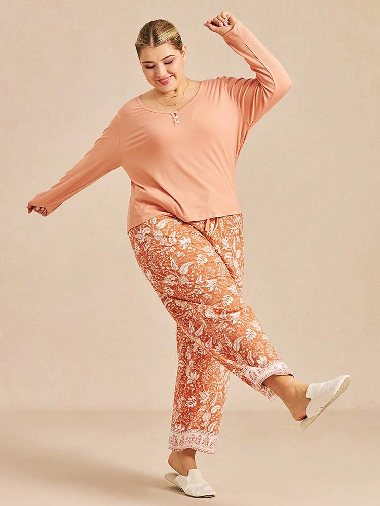 パープル ソフト ベーシック ロングTシャツ & コットン柄パンツ ルームウェア 軽快なパジャマセット レディース ポケット付きパンツ アウターウェアとしても着用可能なランジェリー ルームウェアセット レディース パジャマ