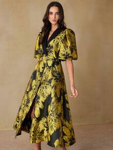 BELROSIE Textured Jacquard Elegant Waist-Cinching Long Dress With Contrast Color Collar, Metal Buckle Belt And Balloon Sleeves - Multicolor - View 2