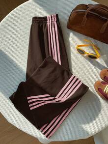Comfortcana Plus Size Women Casual Loose Pants With Side Stripe - Brown - View 9