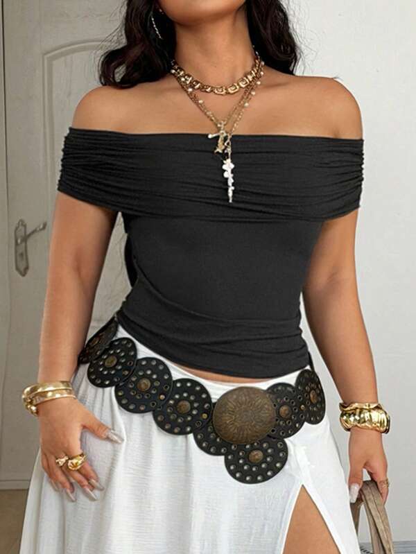 Coolane Tops plisados negros ajustados y cómodos con hombros descubiertos, de talla grande, con estilo vintage de los 90 y de festival de música, para primavera y verano