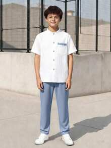 SHEIN Explorewe 2pcs/Set Teenage Boys' Casual School Style Simple White Shirt And Pants Outfit - Blue - View 6