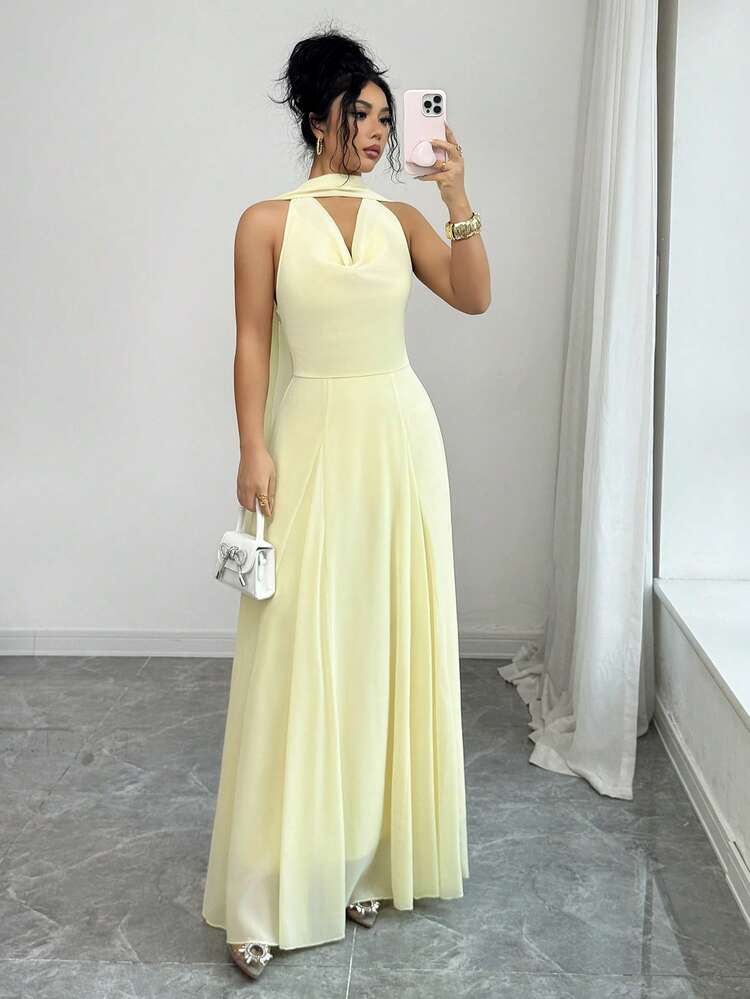 Elenzga Women's Elegant Flowy Draped Neck Tie Waist A-Line Solid Yellow Dress, Suitable For Beach Vacation, Travel, Sleeveless, High-End - Yellow - View 8