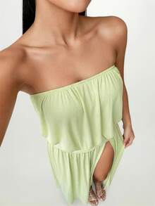 SHEIN SXY 绿色高开衩无肩带沙滩连衣裙 - 綠色 - 查看 4