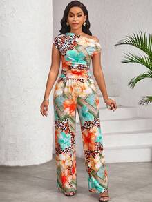 SHEIN Lady Women's Floral Print Ruffle Shoulder Top And Wide Leg Pants Casual 2 Pieces Set - Multicolor - View 7