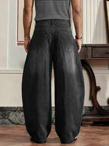 SWAVVY Quần jeans nam ống rộng, màu trơn, túi xéo, kiểu dáng thường ngày. - màu đen - Xem 4