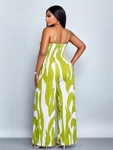 SOLERSUN Women's Plus Size Elegant Casual Sleeveless Black And White Printed Twisted Wide Leg Jumpsuit With Spaghetti Strap, Versatile Twisted Jumpsuit For Spring, Summer, Fall And Winter Wear - Green - View 2