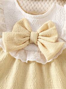 SHEIN Cute Newborn Baby Girl Yellow Dress & Bow Headband Set,Soft Summer Colour Palette,Summer Princess Lace Collar Fluffy Skirt Lettuce Ruffle Trim Outfit - Apricot - View 4