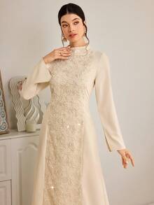 Al Najma 女士纯色刺绣立领修身优雅长袖阿拉伯连衣裙 - 綠色 - 查看 5