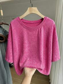 Comfortcana Plus Size Fuchsia Washed Snow Flower Cotton Short Sleeve T-Shirt, Spring - Hot Pink - View 2