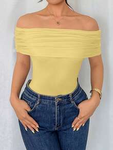 Rafferiza Women's Elegant Off Shoulder Ruched Hem Bodysuit,Slim Fit Pale Yellow,Summer,Seksi Chic,Night Out Cute Tops - Light Yellow - View 4