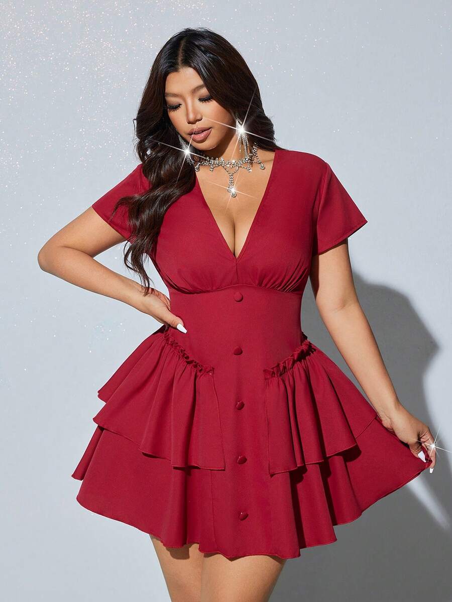 Viva Relle 大码女式性感简约纯色深V领荷叶边下摆收腰连衣裙，夏季 - 紅色 - 查看 1