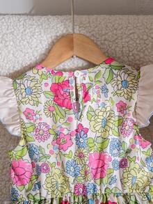 Vestido casual de línea A con estampado floral, cintura ceñida, mangas con volantes y decoración de lazo para niñas, ideal para vacaciones - Multicolor - Ver 6