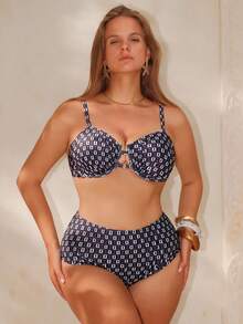 Swim Chiccia Plus Size Women 2pcs Swimwear Set, Plaid Asymmetric Print Sexy Underwire Camisole And Bikini Bottoms, Summer - Black - View 6