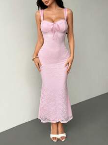 xheSHEIN PETITE Vestido camisero ajustado con estampado floral de encaje de unicolorxhe - Rosa - Ver 6