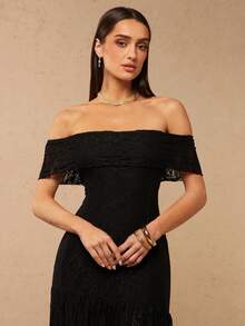 Silquee 女士露肩缎面撞色蕾丝长裙，春夏款 - 黑色 - 查看 4