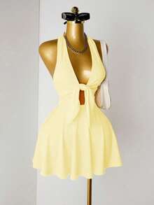 Mistrie Women's Solid Color Deep V-Neck Tie Front Sexy Halter Dress - Apricot - View 5