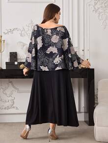 Modelyn Elegant Black Floral Print Asymmetric Shoulder Irregular Poncho Top Paired With Camisole Dress, Fashionable Plus Size Women 2-Piece Set - Black - View 2