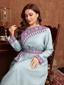 Al Najma Plus Size Women Arabic Style Elegant Floral Print Waist Cinched Dress, Suitable For Spring And Autumn - Cadet Blue - View 3