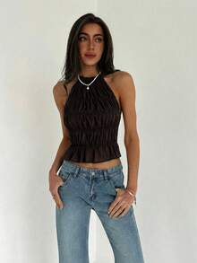 Aloruh Women's Adjustable Halter Tie Ruched Layered Semi-Sheer Romantic Date Cropped Camisole - Mocha Brown - View 5