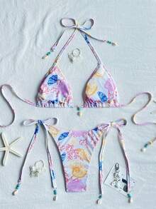 Swim Vcay Bộ bikini gợi cảm buộc dây cổ, chất liệu vải dệt họa tiết ngẫu nhiên, trang trí vỏ sò, dành cho nữ, thích hợp cho kỳ nghỉ biển. - Nhiều màu - Xem 2