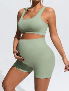 SHEIN Maternity Simple Solid Color Cross-Back Sports Bra And High-Waisted Shorts Set,Word Cup - Green - View 10