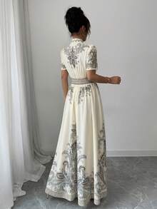 Rafferiza Đầm maxi dài dáng chữ A màu mơ thanh lịch dành cho nữ, cổ chữ V, tay ngắn phồng, xẻ tà và xòe rộng. - Màu be - Xem 2