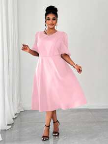 Maweii 大码女士优雅纯色泡泡袖收腰中长连衣裙，夏季 - 粉色 - 查看 4