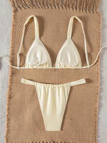 SHEIN Swim 两件套泳衣，纯色加粗肩带海星装饰三角文胸和丁字裤，性感女士夏季度假泳装 - 杏色 - 查看 2