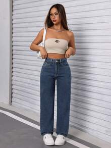 SHEIN PETITE Quần jean nữ dáng casual, có túi và cúc cài, đa năng cho mặc hàng ngày. - Màu xanh lam - Xem 3