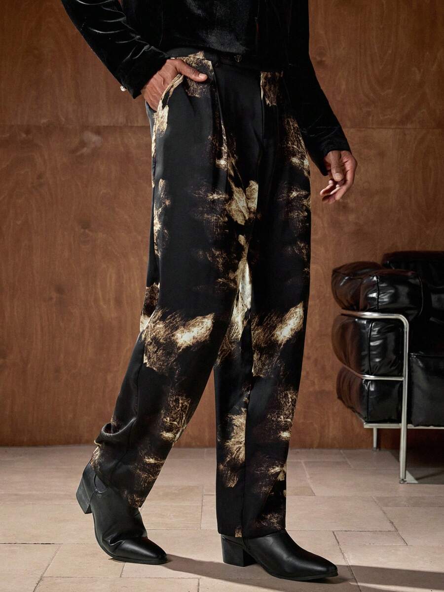 AKNOTIC Business Casual 扎染复古个性男士梭织长款中腰直筒西装裤，适合夏季穿着，毕业礼物