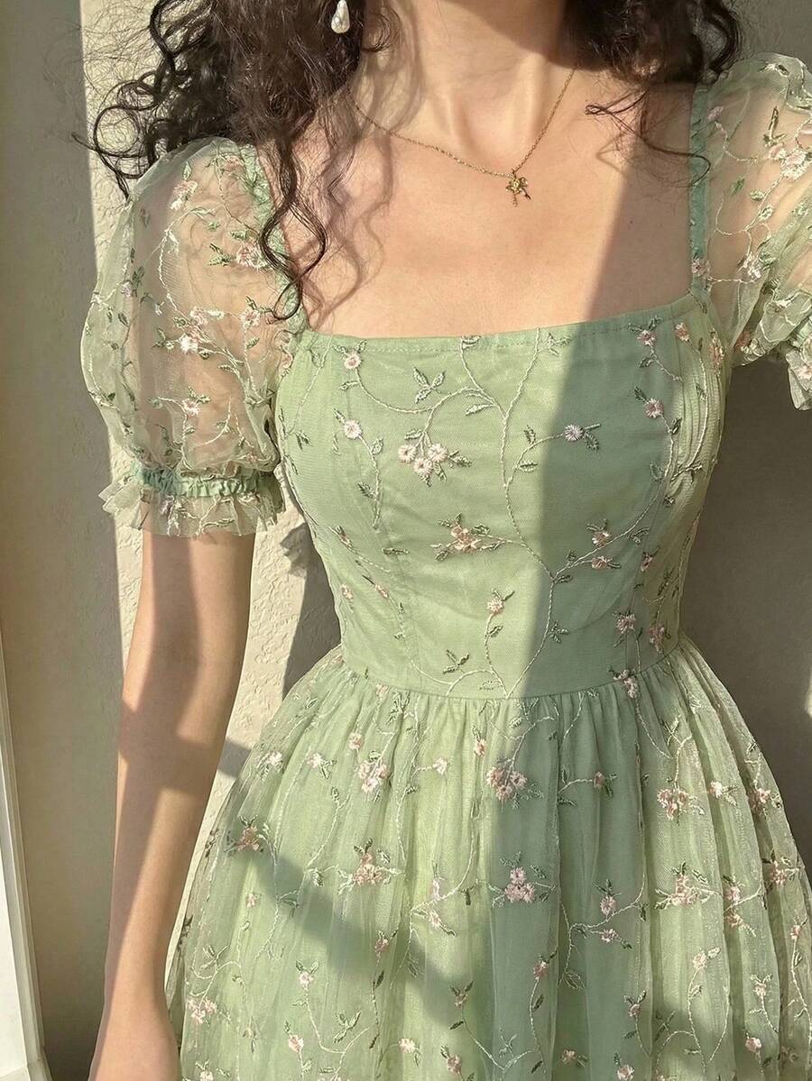 Skyraze 女款鼠尾草綠刺繡泡泡袖網紗中長洋裝,端莊復古宮廷風鄉村風波希米亞風,適合夏季野餐派對婚禮 - 綠色 - 查看 1