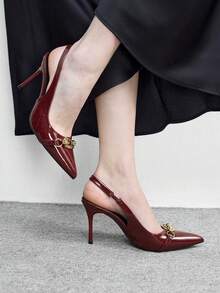 CUCCOO BIZCHIC 女士春夏金属扣尖头缝线高跟鞋，9厘米亮面漆皮纯色高跟鞋，适合通勤、约会、日常聚会等场合。 - 酒紅漆皮 - 查看 5