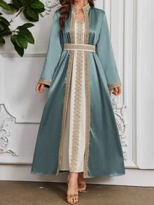 Layrah 女士水溶性蕾丝拼接长袍套装，含外套，摩洛哥卡夫坦穆斯林时尚长袍，适合节日/聚会，优雅奢华晚宴风格 - 薄荷綠 - 查看 5