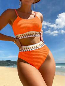 Swim Vcay Traje de baño para mujer, conjunto de bikini de cintura alta con cinta para el verano y la playa - Naranja - Ver 1