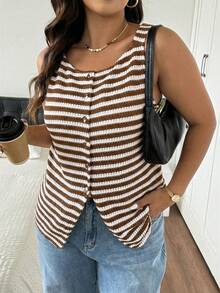 Lounesse 大码女式条纹印花纽扣前开襟无袖衬衫，时尚休闲上衣，适合春夏穿着，百搭日常服饰 - 卡其色 - 查看 6