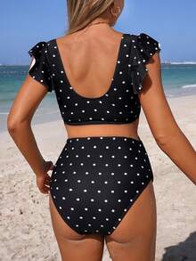 Momance 2026 Summer Beach Holiday 1920s Flapper Black & White Polka Dot High Waist Ruffled V-Neck Maternity Swimwear Set,Women's 2 Pieces Bathing Suits Boho - Black - View 3