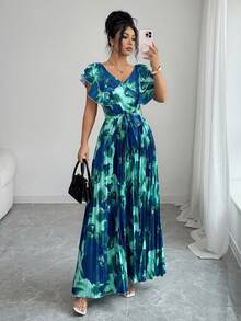 Elenzga Đầm xếp ly dáng suông, cổ chữ V, eo bèo nhún, họa tiết ombre, thích hợp cho mùa Xuân/Hè, dành cho nữ. - Nhiều màu - Xem 6