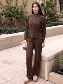 Andrea Bello 女士休闲咖啡棕色圆领长袖毛衣和裤子两件套，冬季 - 咖啡棕 - 查看 5