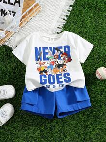 2pcs/Set Baby Boy Summer Cute Casual Knit Cartoon Rabbit Print Short Sleeve T-Shirt And Relaxed Shorts Set Baby Boy Summer Outfit Blue Shorts - Multicolor - View 5