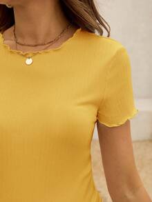 SHEIN 孕妇夏季白色罗纹荷叶边修身短袖上衣 - 黃色 - 查看 3