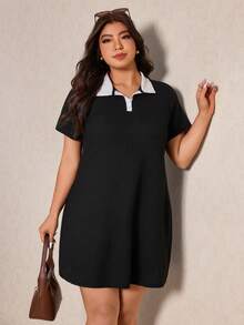 Elaquor Plus Size Color Block Collar Short Sleeve Dress, Summer Dresses - Black - View 6