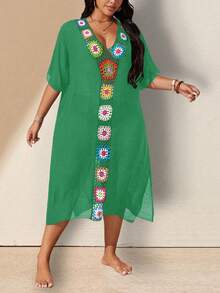 Swim Lushoire Plus Size Summer Vacation Hand-Crocheted Floral Knit Cover-Up Dress - Green - View 5