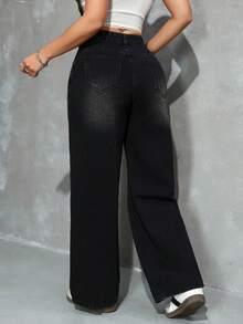 SHEIN PETITE Quần jeans ống rộng nữ có túi và cúc, kiểu dáng thường ngày, đa năng. - màu đen - Xem 2