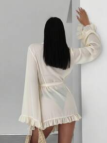 Swim Vcay Women's Solid Color Ruffle Tie Front Cover Up - Apricot - View 2