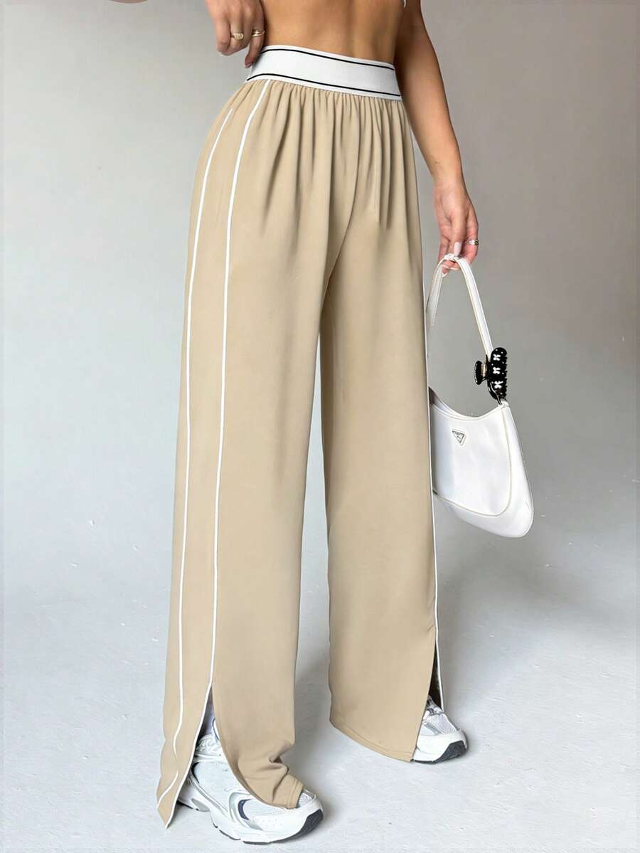 Dewbera 女士宽松直筒运动裤，带口袋，撞色条纹腰带，高弹力松紧腰带，适合日常休闲穿着、跑步、瑜伽、健身、网球、高尔夫等运动，秋冬季款。 - 卡其色 - 查看 1