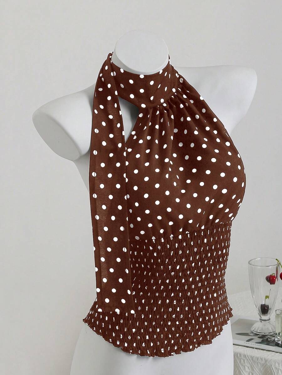 Elamini Áo kiểu trễ vai chấm bi đen trắng, cổ yếm, vạt bất đối xứng, thanh lịch, thích hợp đi làm, đi nghỉ mát, đi biển, mặc thường ngày, hẹn hò, đa năng cho phái nữ mùa hè. - màu nâu - Xem 1