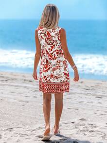 Sylviya 圆领金属圆扣装饰 A 字型青花瓷花卉印花休闲度假优雅女士连衣裙 - 橘色 - 查看 2